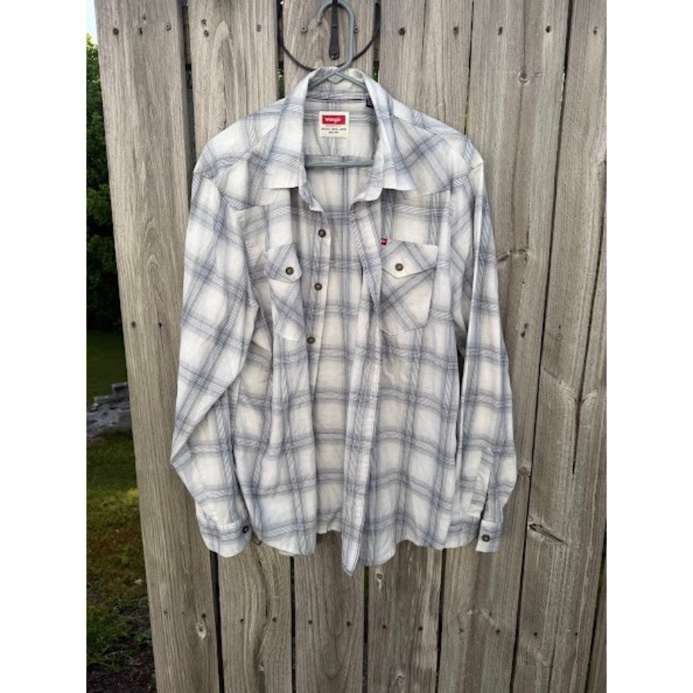 Western Plaid Flannel Wrangler Button Down Shirt Mens XL White Grey